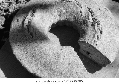 Bread Ring Rustic Homemade Cut Closeup Texture Food Blackwhite