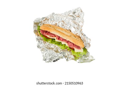 Bread Sandwich In Aluminum Foil On A White Background