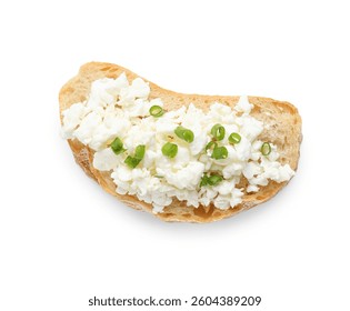 Bread slice with fresh cottage cheese and green onion on white background