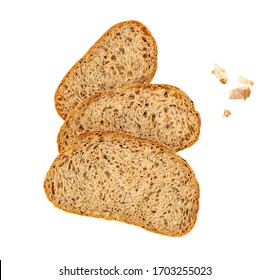 Bread Slices And Crumbs Isolated On A White Background. Bread Viewed From Above. Flat Lay. Bakery Food Concept.