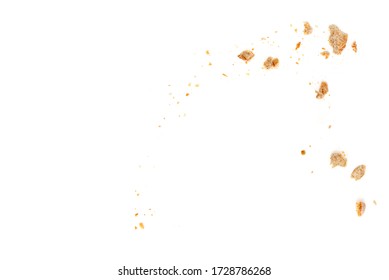 Bread slices and crumbs isolated on white background. Top view

