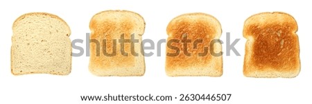 Bread slices in different degrees of toast on white background, collage