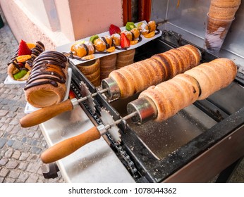 Bread Sugar Sweet Trdelnik - Traditional National Czech Street Desert, Baking On The Street Of Prague.