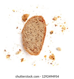 Bread toast  isolated on  white background. Crumbs and Bread slice close up. Bakery, food concept. Top view