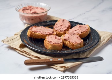 Bread Toast With Pork Liver Pâté On A Rustic Background.