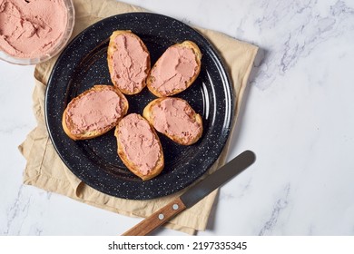 Bread Toast With Pork Liver Pâté On A Rustic Background.