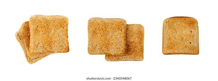 Tostadas de pan aisladas, rodajas tostadas de la plaza de sándwich, rebanadas de pan para tostadas en la vista superior de fondo blanco, sendero recortado
