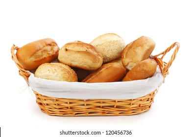 Bread In Wicker Basket Isolated On White