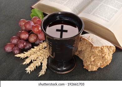 Bread, Wine And Bible For Sacrament Or Communion