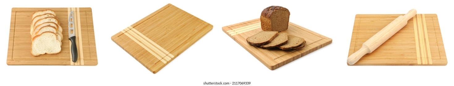 Breadboard for cutting bread, rolling pin and bread isolated on white background.
