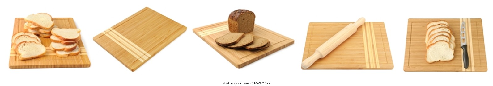 Breadboard for cutting bread, rolling pin and sliced bread isolated on white background. Panoramic photo.