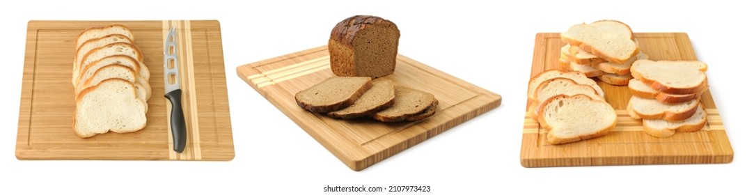 Breadboard rolling pin and sliced bread isolated on white background.