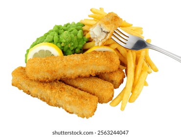 Breadcrumb coated cod steak fish fingers and chips meal with mushy peas isolated on a white background