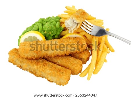 Breadcrumb coated cod steak fish fingers and chips meal with mushy peas isolated on a white background