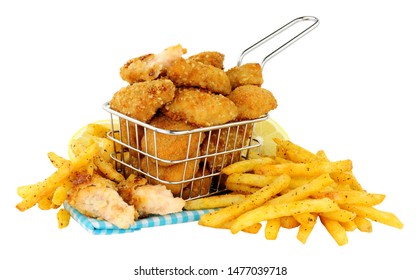 Breadcrumb Fried Scampi In A Small Wire Frying Basket With French Fries Isolated On  A White Background