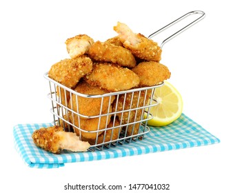 Breadcrumb Fried Scampi In A Small Wire Frying Basket Isolated On  A White Background