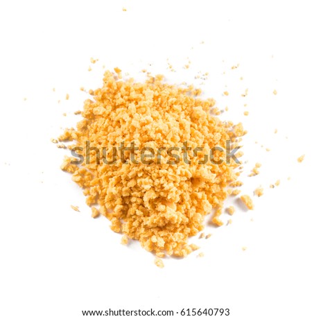 Breadcrumbs isolated on white background. Top view.