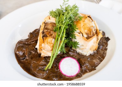 Breaded Beef Steak Plate With Mushroom Sauce And Parsley Leaves. Gourmet Restaurant Concept