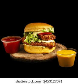 breaded chicken burger, mayonnaise, lettuce and tomato, ketchup and mustard. - Powered by Shutterstock