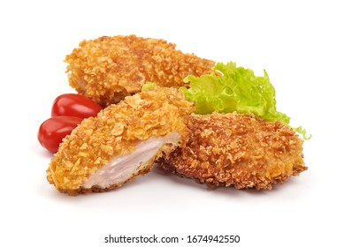 Breaded chicken fillet with french fries, isolated on white background.
