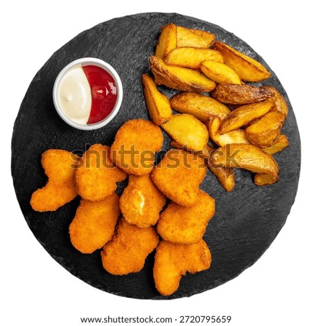 Breaded chicken nuggets served with roasted potato wedges and ketchup and mayonnaise sauce on black slate plate, isolated on white background.