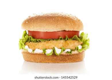 Breaded Chicken Patty Sandwich On A Bun With Lettuce And Tomato