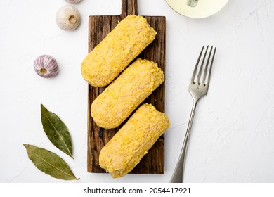 Breaded Chicken Patty Set, On White Stone Table Background, Top View Flat Lay