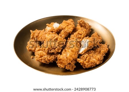 Breaded chicken strips, breast fillet meat on a plate. Isolated on white background