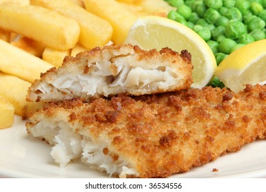 Breaded Cod Fillet With Chips And Peas