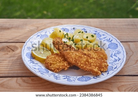Breaded cod fish fillet from haddock served on vintage blue onion porcelain plate with boiled potatoes sprinkled by fresh chives and slice of lemon from organic farming. Healthy and satisfying dish. Foto d'archivio © 