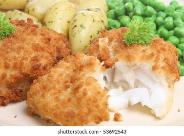 Breaded Cod With New Potatoes And Peas