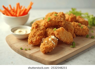 Breaded and fried chicken nuggets on a wooden board, with a dipping sauce in a small bowl