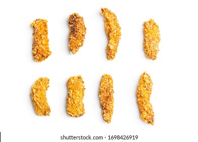 Breaded Fried Chicken Strips Isolated On White Background.Tasty Fast Food.