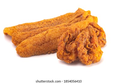 Breaded And Fried Fish Fillets And Shrimp Isolated On A White Background