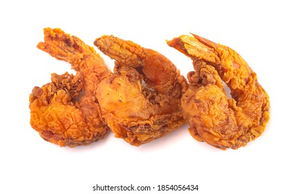 Breaded And Fried Jumbo Shrimp With Tails Isolated On A White Background