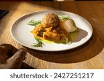 Breaded Meat Cutlets with Mashed Potatoes and Stewed Cabbage Garnish, Restaurant Main Course with Fried Meatballs, Schnitzel or Katsu closeup, Breaded Meat Cutlets Dinner