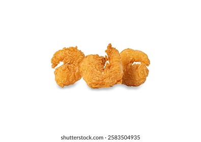 breaded shrimp in high resolution image and isolated in white with blurry ends