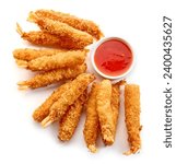 breaded Torpedo shrimps and sweet chili sauce isolated on white background, top view