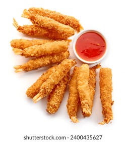 breaded Torpedo shrimps and sweet chili sauce isolated on white background, top view