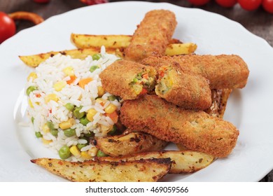 Breaded Veggie Sticks With Roasted Potato And Rice