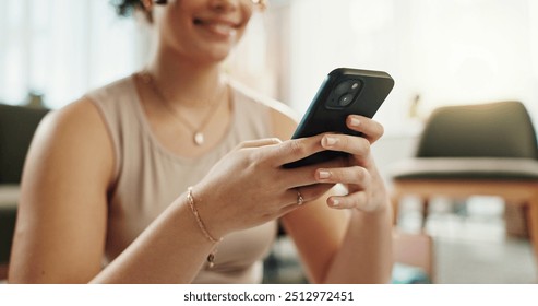 Break, browsing and hands with smartphone, yoga and search on social media, online and relax in home. Fitness, person and routine for wellness, app and mobile for tips, pilates and healthy in house - Powered by Shutterstock