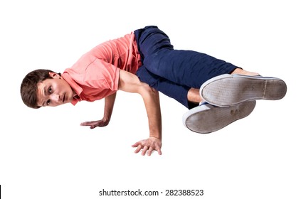 Break Dancer Doing Handstand Against A White Background