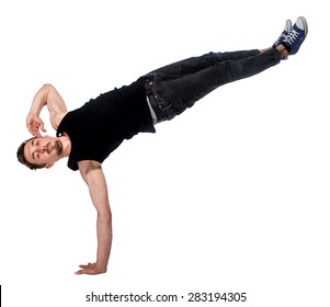 Break Dancer Doing An One Handed Handstand Against A White Background