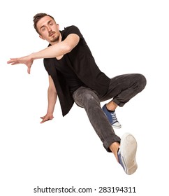 Break Dancer Doing An One Handed Handstand Against A White Background