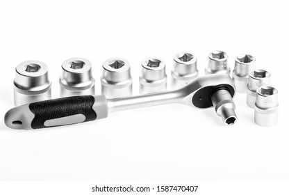 Break Downs Wont Break You Down Anymore. Metalworking Hand Tool. Socket Wrench Isolated On White Background. Ratchet Driver Kits. Chrome Plating.