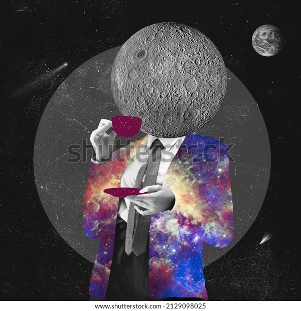 Break on coffee. Man in suit headed of planet\
surface. Conceptual creative artwork. Ideas, inspirations,\
imagintaions. Surrealism. Concept of astronautics, dreams,\
astronomy, art, Day of Human\
Space