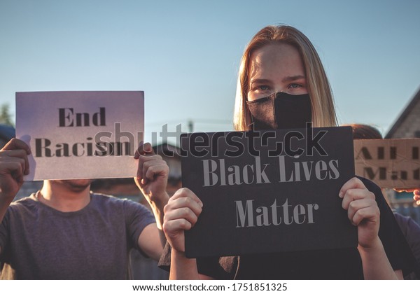 Break The Science Bias Black Lives Matter Protest\
Against Ending Racism Poster Over Human Rights Violation. The big\
hand is a symbol of anti-racism, equality. Phrase message Black\
Lives Matter 