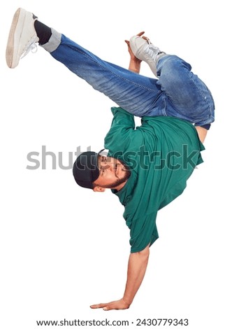 breakdancer guy performing inverted freeze technique on white background