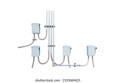 Breaker small and power button to distribute electricity supply with metal flex pipe. With screws, nuts, wall mounting blue safety concept Isolated on white background. Electrical cable system. - Shutterstock ID 2193069425