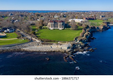 The Breakers and Cliff Walk aerial view at Newport, Rhode Island RI, USA. The Breakers is a Vanderbilt mansion with Italian Renaissance built in 1895 in Bellevue Avenue Historic District in Newport.